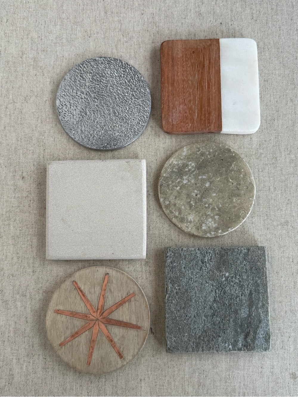 Eclectic Mixed Material Coasters Set of 6 Stone Wood Marble Modern Decor